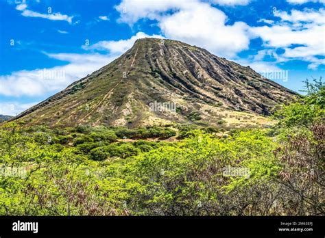 Colorful Koko Crater Extinct Volcano Honolulu Oahu Hawaii Hiking trail over railroad tracks to ...