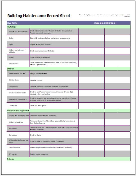 Building Maintenance Record Sheet Template | Excel Templates