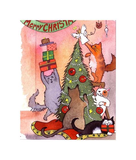 Cat Greeting Card- Cat Christmas Card- Funny Cats Art- Cats Watercolor ...