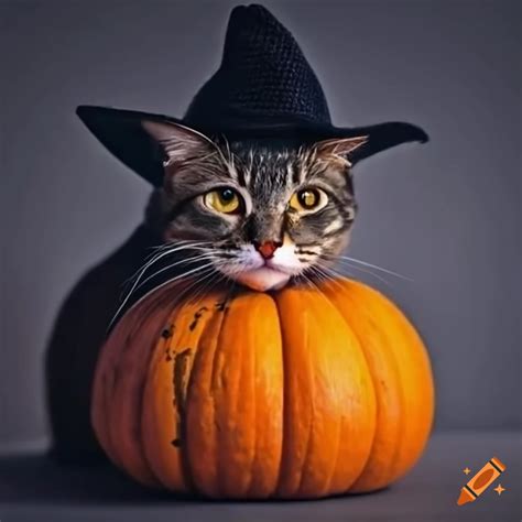 Cat wearing a black hat with a pumpkin