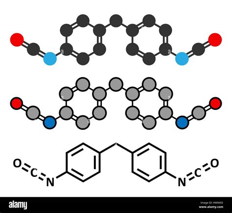 Methylene diphenyl diisocyanate molecule (MDI), polyurethane (PU) building block. Stylized 2D ...