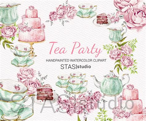 Tea Party Watercolor Clipart High Tea Illustration Mint Teapot - Etsy