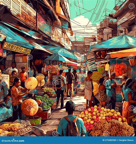 A Painting of a Busy Market with People Shopping. AI Generative Image Stock Illustration ...