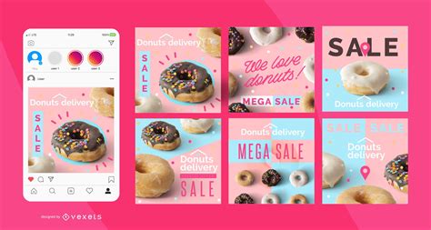 Donuts Delivery Social Media Post Set Vector Download