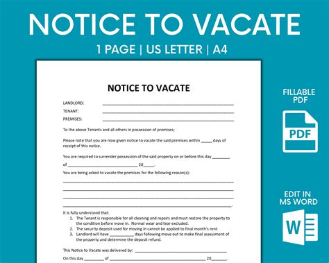 Landlord Notice to Vacate to Tenant Eviction Notice Editable MS Word Template Printable Instant ...