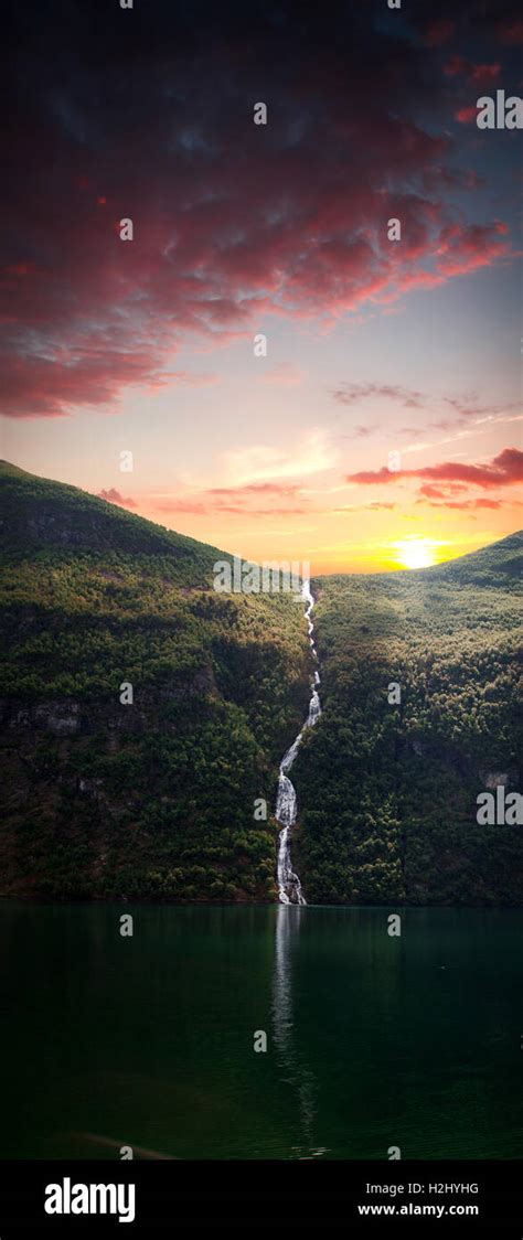 Waterfall over the Geiranger fjord, Norway Stock Photo - Alamy