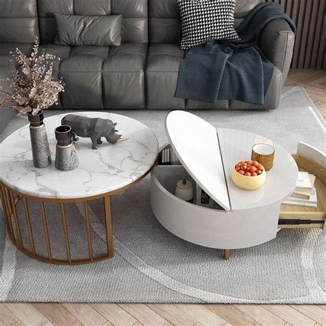 Modern White & Walnut / White Round Coffee Table with Storage Wood Rotating Marble Nes… in 2020 ...