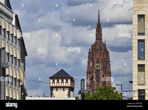 Frankfurt am Main, Germany, August 2019. The cathedral seen from afar, at the base of the ...