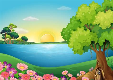 Fresh flowers at the riverbank near the treehouse 520745 Vector Art at Vecteezy