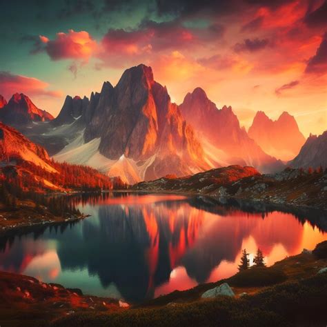 Premium AI Image | Sunset over a mountain lake