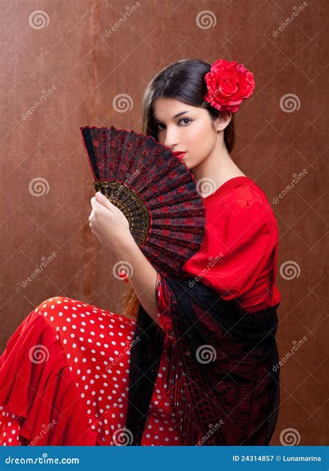 Flamenco Dancer Woman Gipsy Red Rose Spanish Fan Stock Image - Image of black, frilly: 24314857