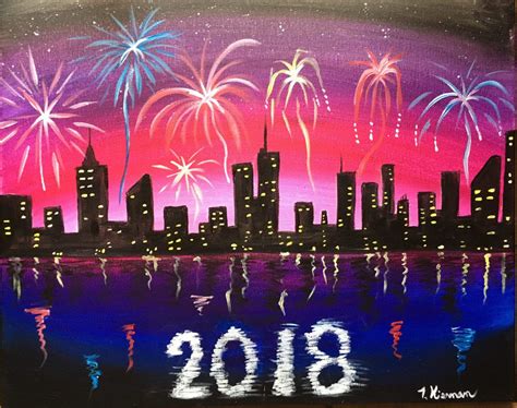 Cityscape Painting With Fireworks - Step By Step Acrylic Tutorial ...