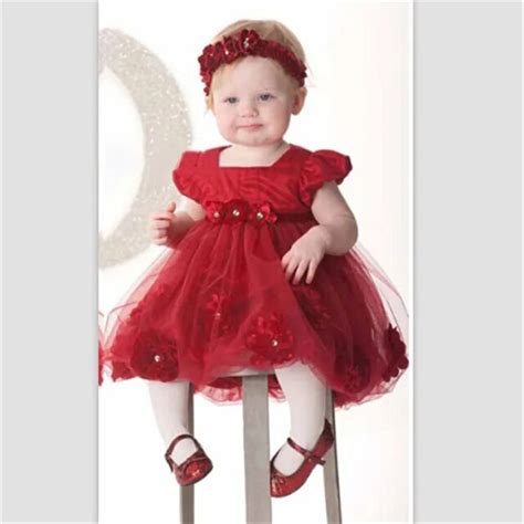 Fashion red flower ornament Baby Girls Dresses Sleeve Flower Ball Gown Toddler Kid Red Dress ...