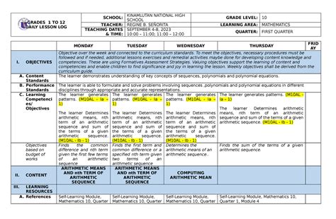 Daily Lesson Log in Math - GRADES 1 TO 12 DAILY LESSON LOG SCHOOL: KINAMLUTAN NATIONAL ...
