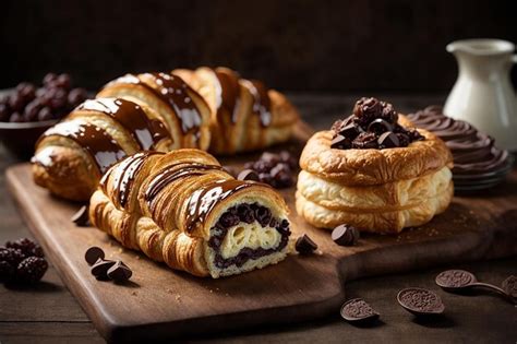 Premium AI Image | Chocolate puff pastry croissant chocolate eclair and ...