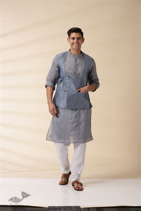 Grey Chanderi Men's Achkan Jacket & Kurta Set