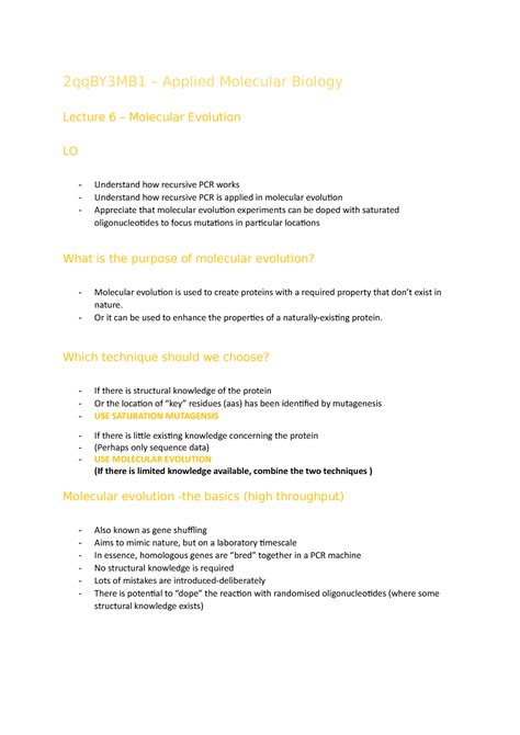 Lecture 6 - Molecular Evolution - 2qqBY3MB1 – Applied Molecular Biology Lecture 6 – Molecular ...