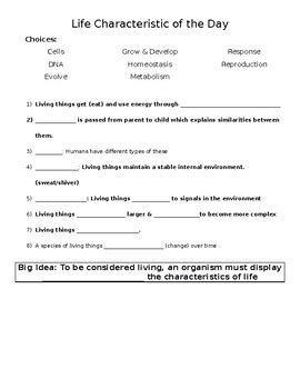 40 characteristics of life worksheet - Worksheet Master