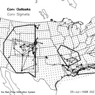 Map of convective SIGMET outlooks, convective SIGMETs, and 40-km grid.... | Download Scientific ...