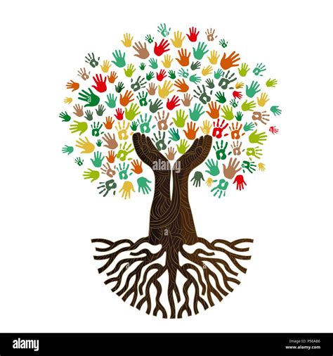 Tree with colorful human hands together. Community team concept illustration for culture ...