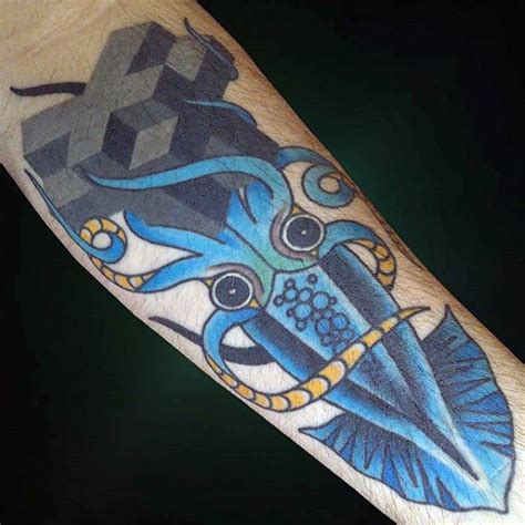 Abstract Blue Squid Tattoo On Arm