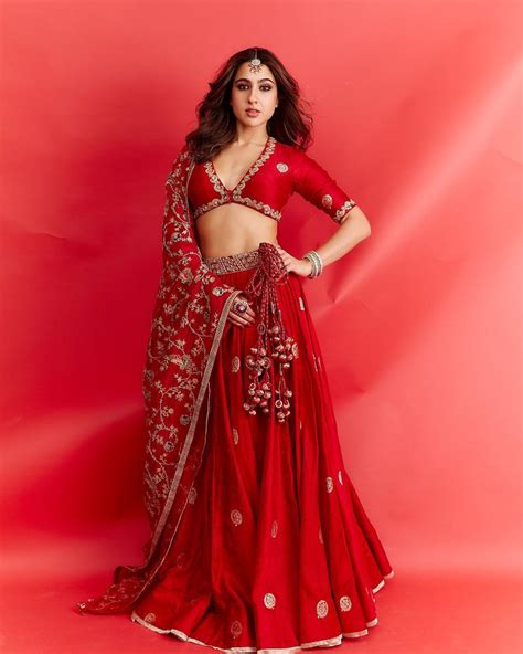 Sara Ali Khan Looks Like A Modern Bride In Her Cherry Red Bo*ld Lehenga ...