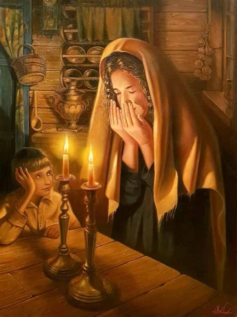 Woman Lighting Shabbat Candles in Shtetl, Jewish Painting Judaica Fine Art, Framed Giclée on ...