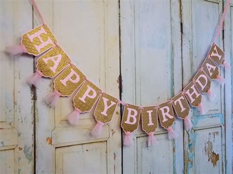 Happy Birthday Banner Pink and Gold Embossed Banner With | Etsy