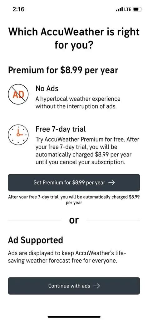 A mobile paywall by AccuWeather: Weather Alerts from Adapty's collection