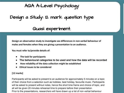 AQA A-Level Psychology Model Answer: Design a Study 12 mark Q-Quasi Experiment | Teaching Resources