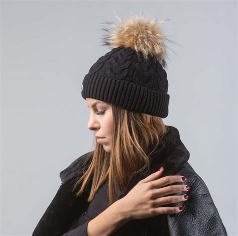 Black Beanie With Raccoon Pom Pom I 100% Real Fur I Haute Acorn