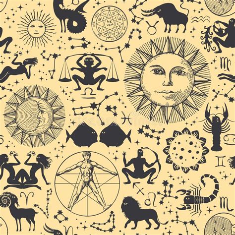 Seamless Pattern with Sun, Moon, Zodiac Signs Stock Vector - Illustration of prediction ...
