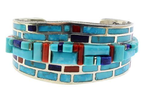 Lester James, Bracelet, Coral, Turquoise, Tower Inlay, Sterling, Navajo ...