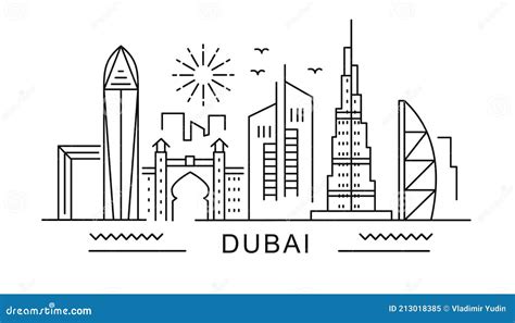 Dubai Minimal Style City Outline Skyline with Typographic. Vector Cityscape with Famous ...