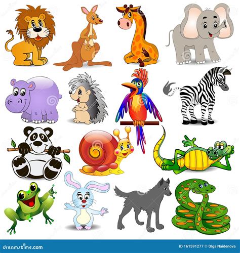 Set of Cartoon Animals with Crocodile, Snake, Lion, Hippo, Zebra, Panda ...