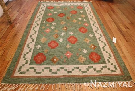 Green Vintage Flat Woven Swedish Scandinavian Kilim Rug 48990