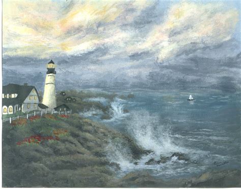 a painting of a lighthouse on a cliff by the ocean