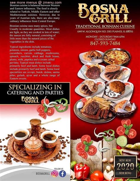 Menu at Bosna Grill restaurant, Des Plaines