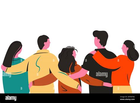 Group of cartoon friends standing and hugging together back view vector flat illustration Stock ...