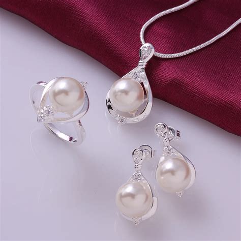 2017 new 925 stamped silver jewelry a set of imitation crystal pearl necklace earrings jewelry ...