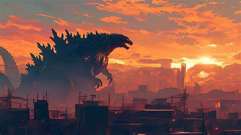 Godzilla City Sunset Desktop Wallpaper 4K - Computer Wallpaper