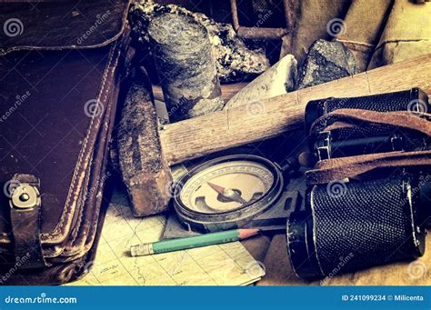 Geological Fieldwork Tools - Field Vintage Geology Concept Stock Photo ...