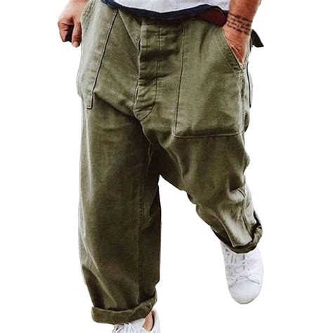 Men's Casual Solid Color Cotton Linen Large Pockets Pants 40216116M ...