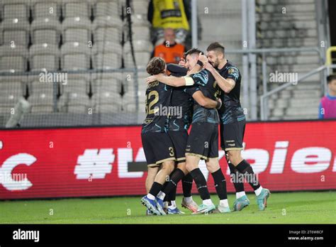 Players of Pogon Szczecin celebrate a goal during the Polish PKO Ekstraklasa League 2023/2024 ...