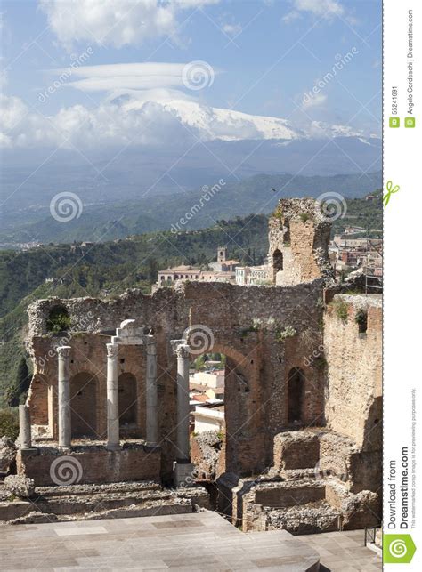 The Ancient Theatre of Taormina and Etna Volcano. Landscape Stock Image - Image of century ...