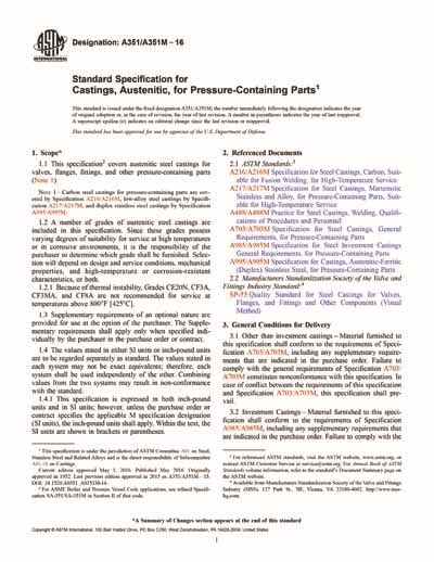 ASTM A351/A351M-16 - Standard Specification for Castings, Austenitic, for Pressure-Containing Parts