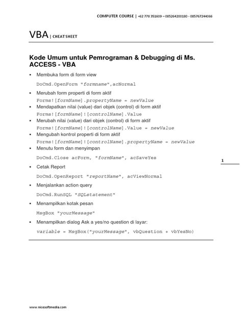 Vba Cheat Sheet | Software Engineering | Areas Of Computer Science