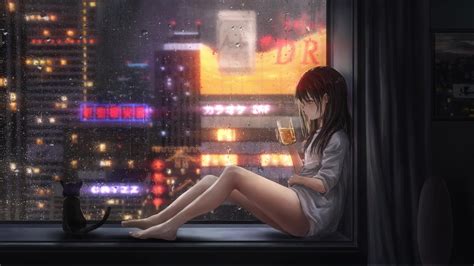 Anime Girl Drinking While It's Raining Outside Live Wallpaper - MoeWalls