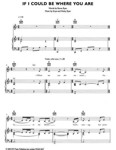 If I Could Be Where You Are by Enya Sheet Music for Piano, Vocal & Guitar Chords (Right-Hand ...