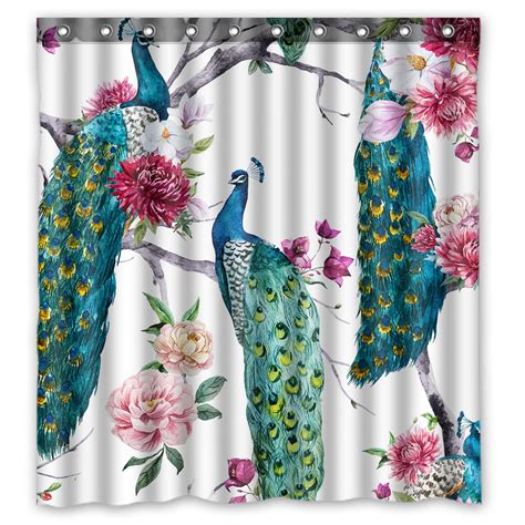 YKCG Floral Pattern Blooming Tree Elegant Peacock Shower Curtain Waterproof Fabric Bathroom ...